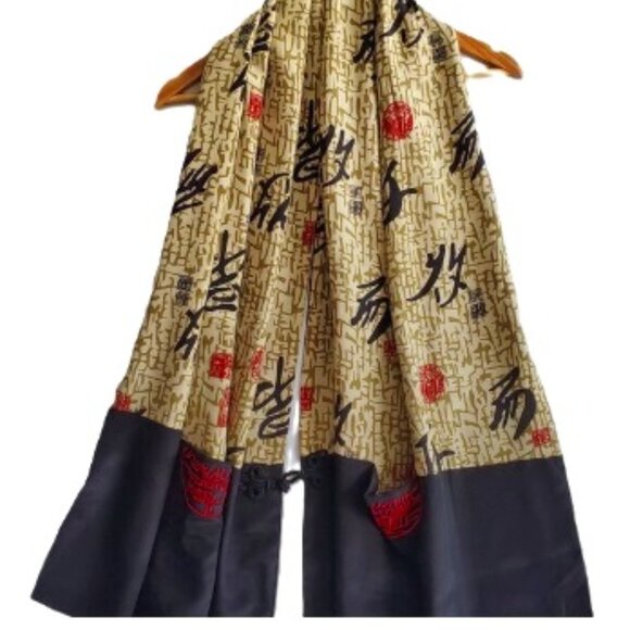 Vintage Silk Wrap Scarf Oriental Asian Style Soft Smooth Black Cream Red Pockets - Picture 2 of 11